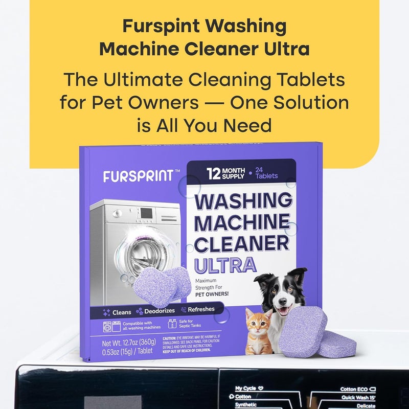 Fursprint Washing Machine Cleaner Tablets Ultra – 40% Stronger Formula: Designed for Pet Owners, Removes Residue, Grime & Odors, Compatible with HE, Top & Front Load, 24 Pack – 12 Month Supply - Image 2